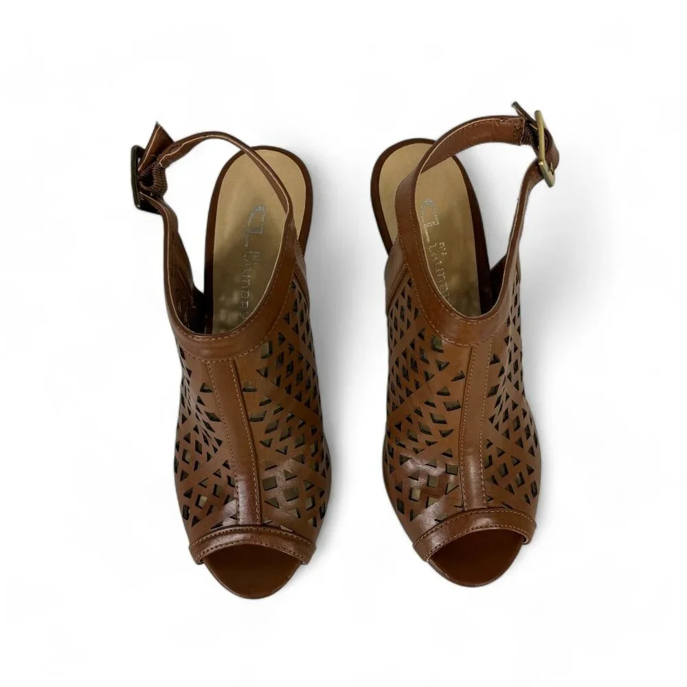CL BY LAUNDRY Womens Ankle Buckle Sandal Size 7.5M Brown Faux Leather Perforated